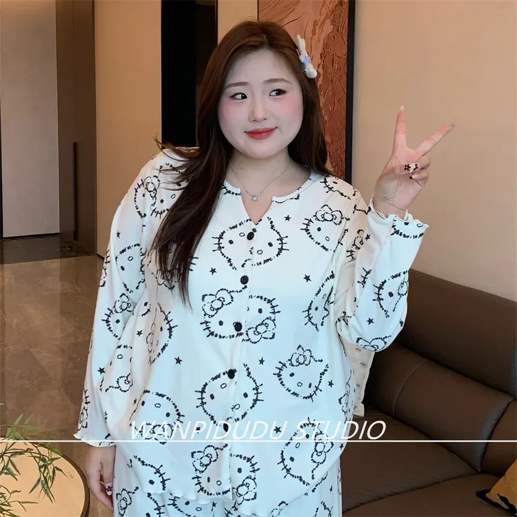 大码胖MM200斤秋冬长袖长裤德绒奶白描边小KT保暖睡衣