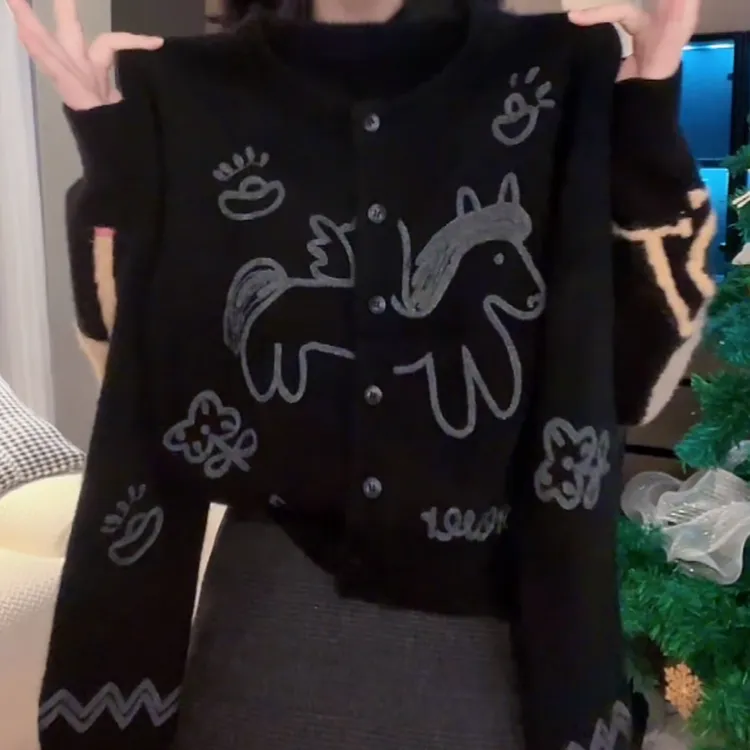 【小马开衫】复古提花高级设计师长袖针织衫秋冬新款网红ins风毛衣