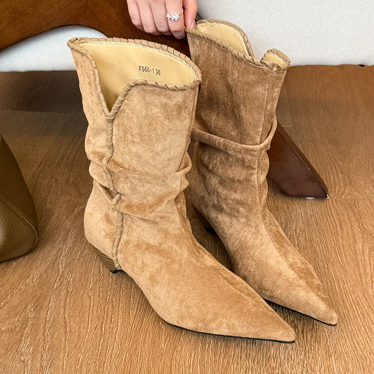 elingstudio 编织秋天!流浪风尖头低跟短靴女秋