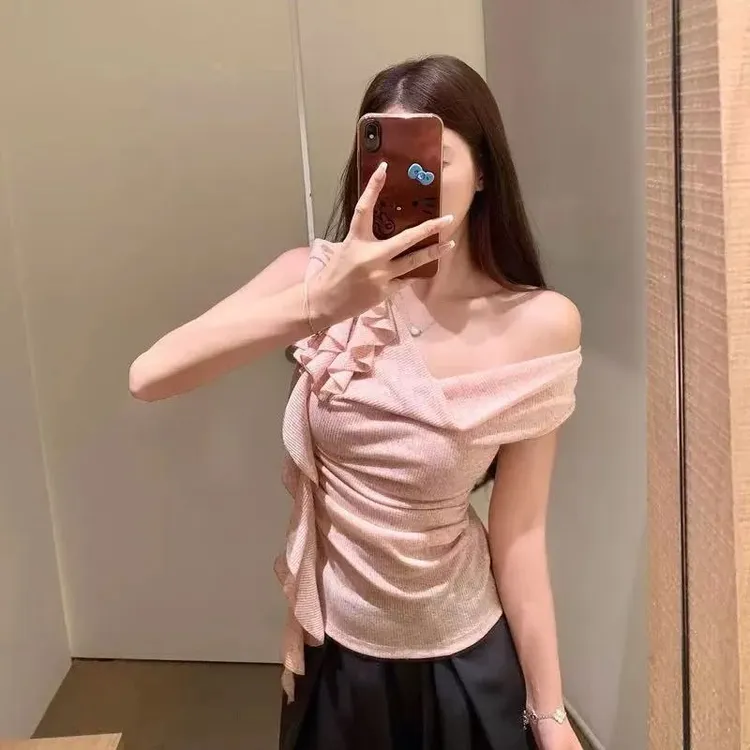 甜辣妹粉色荡领飘带花朵斜露肩短袖t恤女装夏季修身显瘦性感上衣