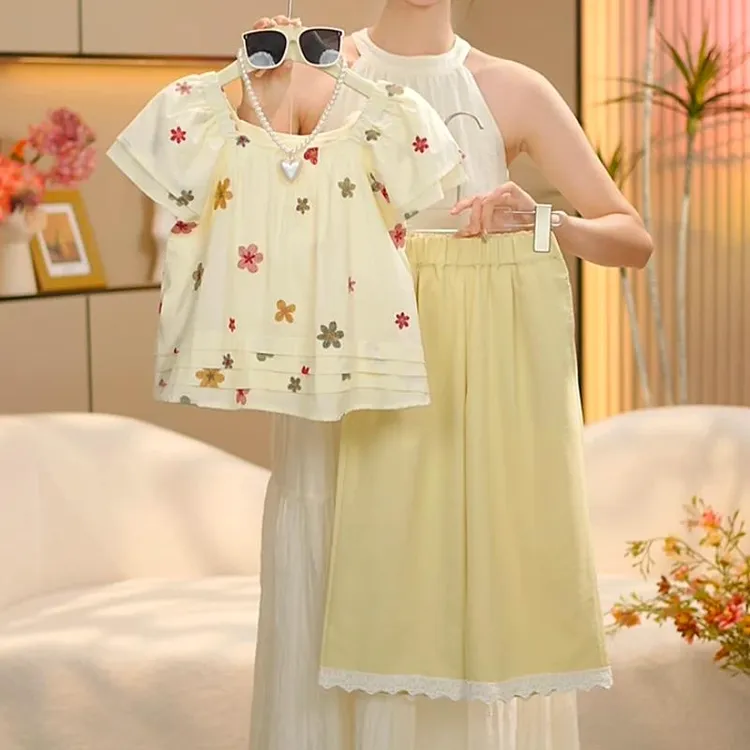 女童夏季套装2025女孩绣花上衣阔腿裤两件套宽松休闲舒适儿童穿搭