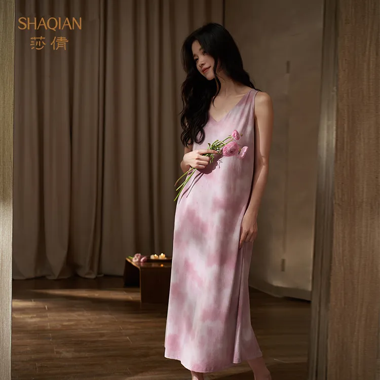 莎倩夏季新款带胸垫背心睡裙中长款凉感莫代尔棉睡衣女士家居服
