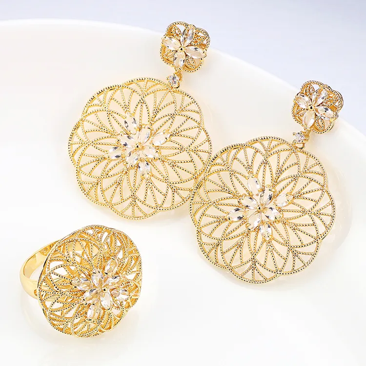 黄铜锆石耳饰 巴西珠宝套装耳环戒指气质优雅金色婚礼配饰微镶