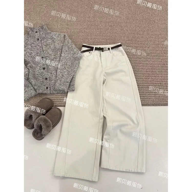 熙贝薇7 冬季新款加厚复合绒高腰保暖百搭阔腿牛仔直筒裤 G5820