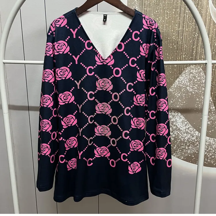 5608大码女装2025冬季保暖打底衫v领洋气t恤上衣长袖玫瑰百搭小衫