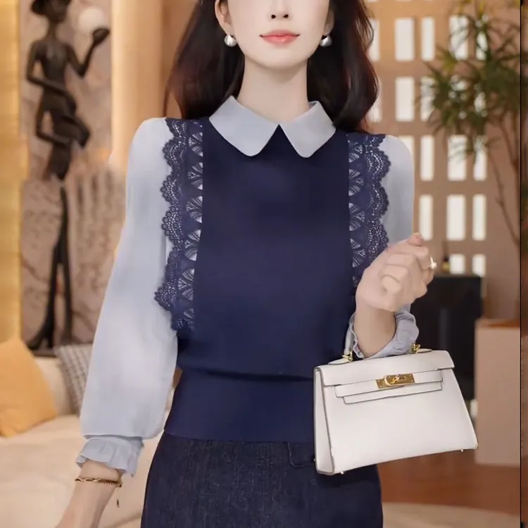 秋季女蕾丝拼接翻领衬衫轻奢高级感修身显瘦洋气叠穿打底衫上衣