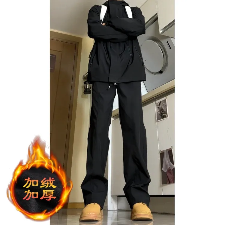 美式微喇裤子男款秋冬保暖斜切冲锋裤软壳加绒保暖直筒显瘦休闲裤