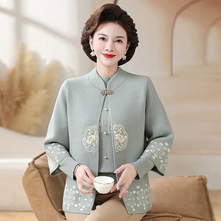 【时尚两件套】国风套装妈妈装中老年女装针织毛衣开衫秋冬季两件套