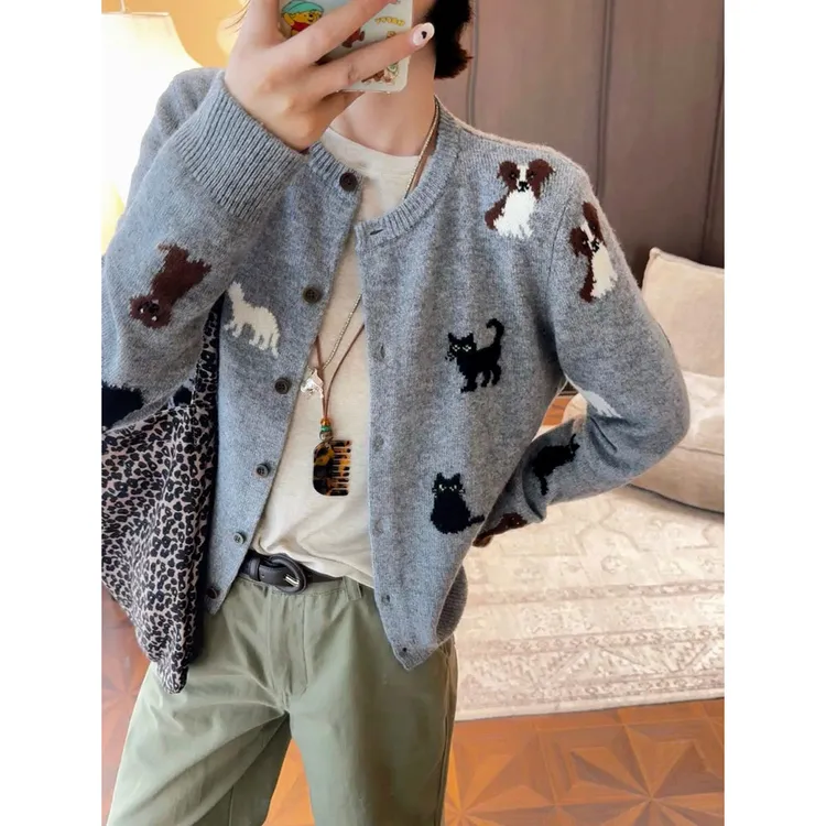【MGDM】甜美小动物图案绵羊毛小狗小猫提花针织毛衫开衫女早秋