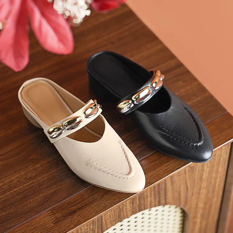 3cm/羊皮/真皮粗跟夏季包头拖鞋女时尚法式软底软面芒果头皮拖鞋