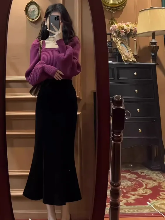 法式复古温柔风方领打底毛衣女2025冬季时尚内搭气质显瘦针织上衣