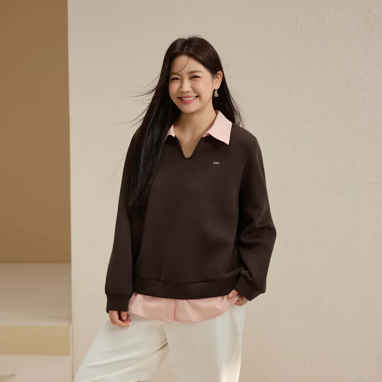 【潮流百搭假两件卫衣】纤莉秀大码女装时尚设计感撞色翻领QK3607