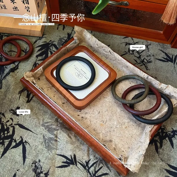 非金属木质手镯 绿檀木女款复古民族风圆条木质镯子简约新中式