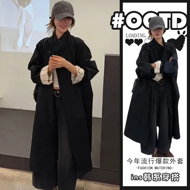 今年流行春秋新款独特超好看中长款宽松休闲上衣黑色立领风衣外套
