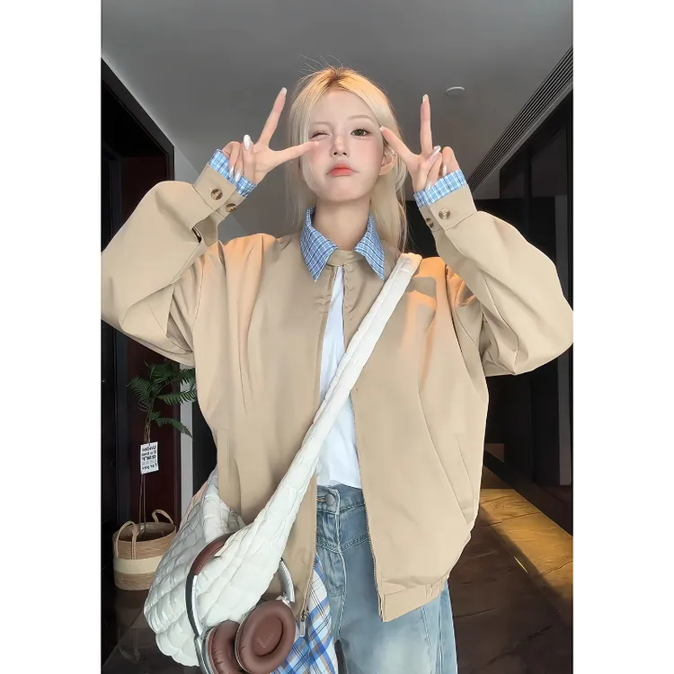 卡其假两件短款外套男秋季cleanfit翻领夹克美式vibe棒球服