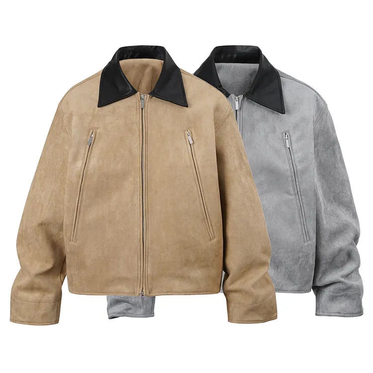 vintage巴恩风绒面皮翻领拉链开衫外套男美式潮牌底特律工装夹克