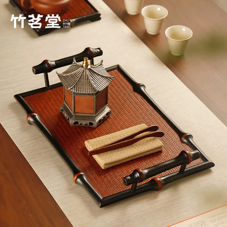 大漆筇竹席面双耳茶盘干泡台壶承茶台托盘中式家用杯托壶托收纳盘