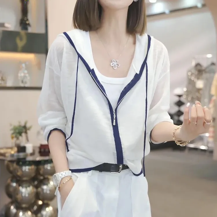 2025年夏季新款连帽纯色设计感防晒长袖上衣女小众洋气显瘦短外套