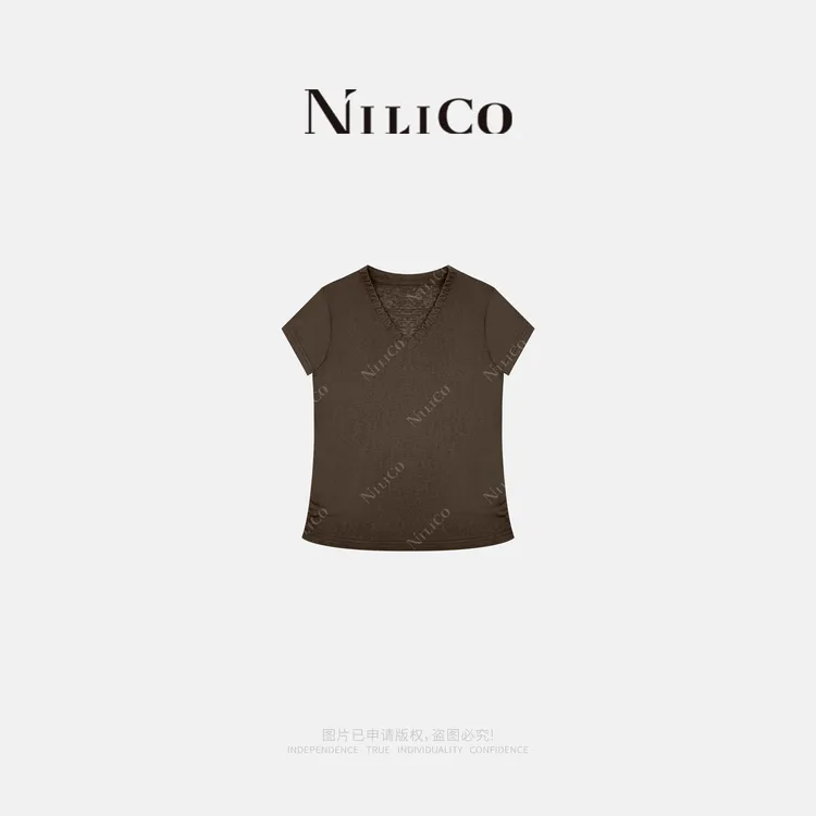 NILICO【垂云】夏季莱赛尔轻奢气质时尚褶皱V领百搭修身短袖T恤