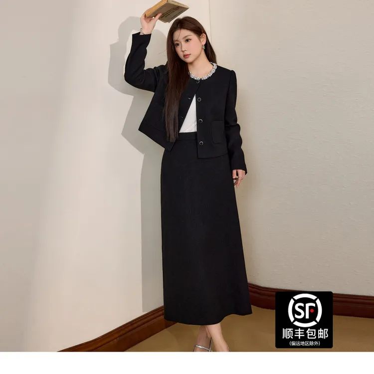 蓝语大码女装微胖MM气质短款外套高腰半身裙一整套秋冬季服装