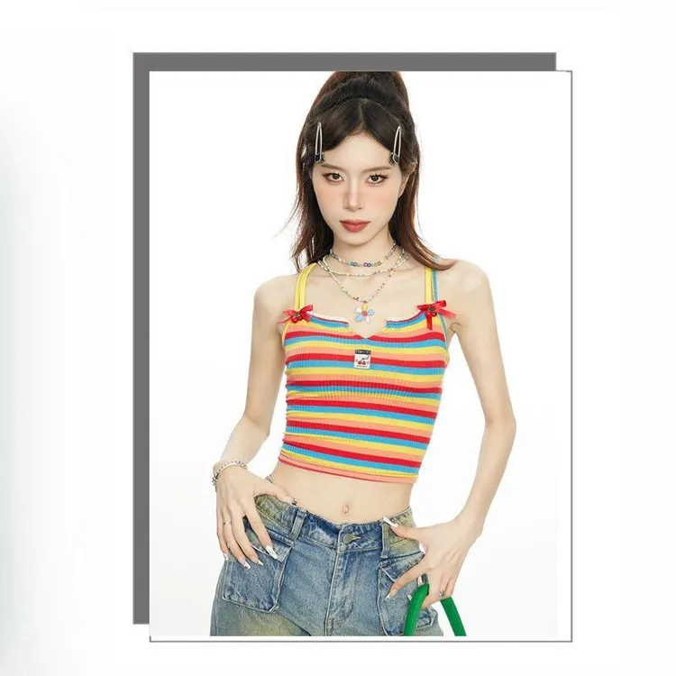 美式复古多巴胺条纹吊带背心女夏美背外穿设计感短款上衣潮