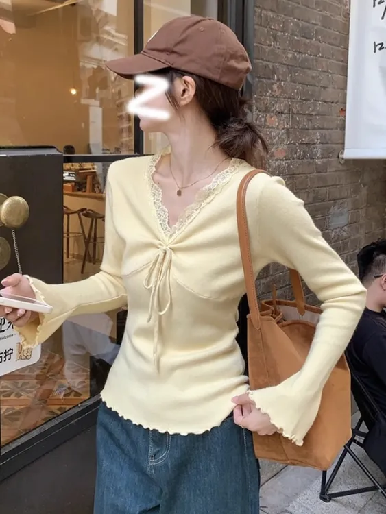 纯欲蕾丝V领系带长袖针织衫女2025秋冬新款修身内搭打底上衣8019