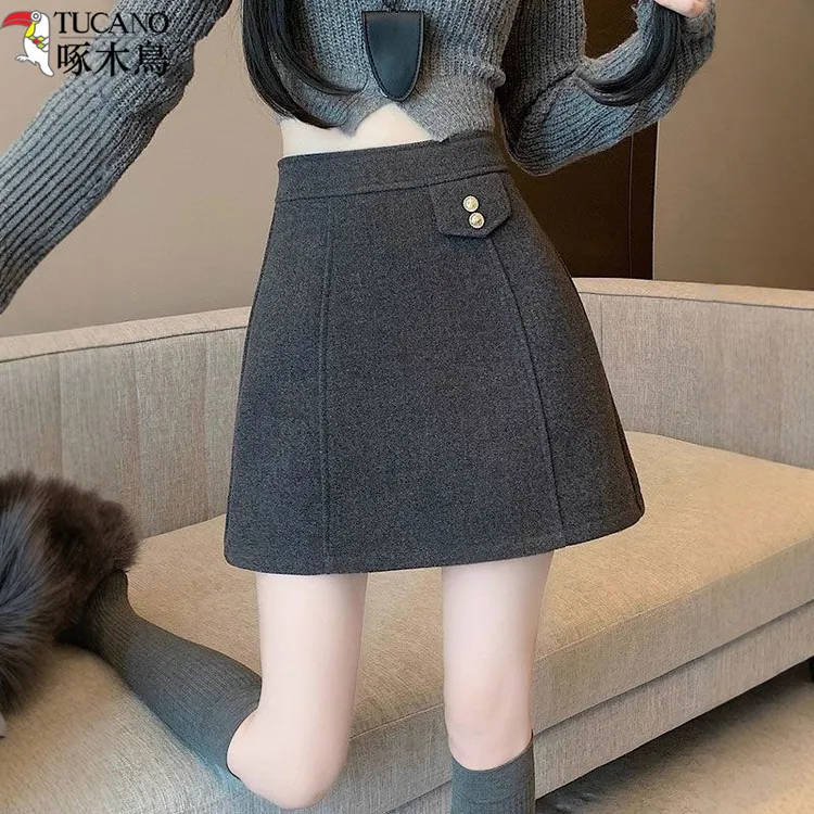 啄木鸟新款毛呢半身裙女款秋冬高腰a字短靴裙显瘦秋冬半身裙短裙