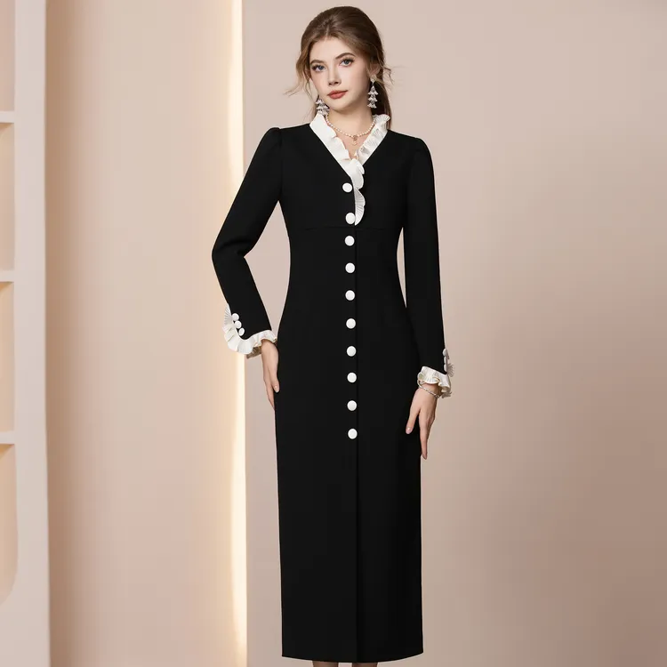 枝荔赫本风连衣裙女2025新款冬配大衣重要场合木耳边长款包臀裙子