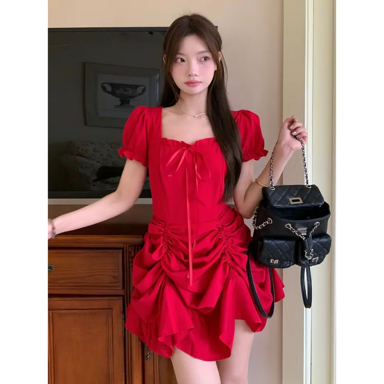 百变女孩~方领纯色短袖长裙夏季气质感收腰显瘦连衣裙