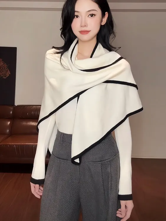 巨好看的早秋套装女装2025新款韩版时尚撞色三角披肩针织衫两件套