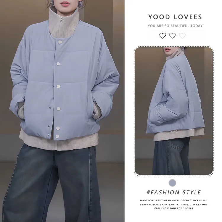 韩系穿搭设计感圆领单排扣棉服外套秋冬新款时尚简约宽松保暖棉衣