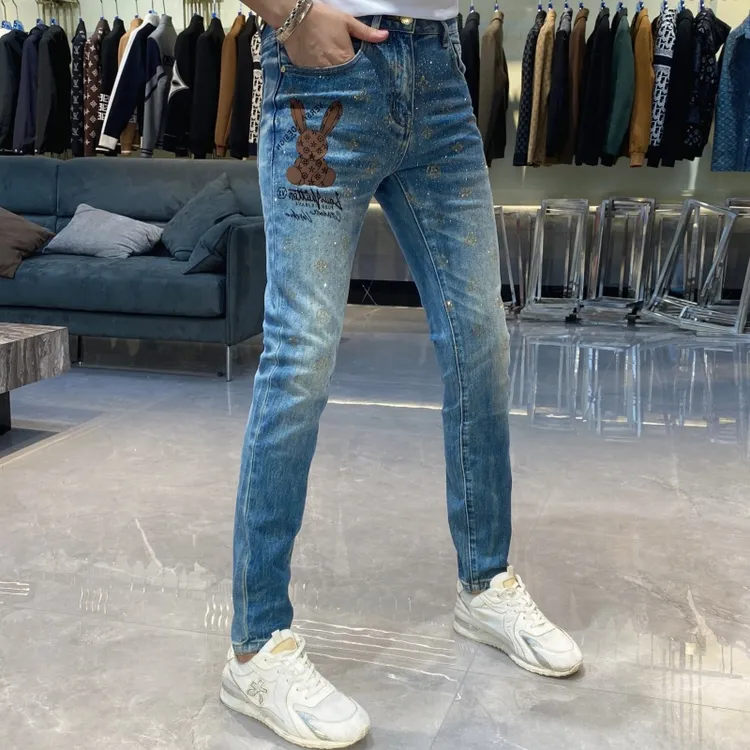  【也许家】新品秋季欧货男士修身弹力小脚烫钻修身牛仔裤BB76113