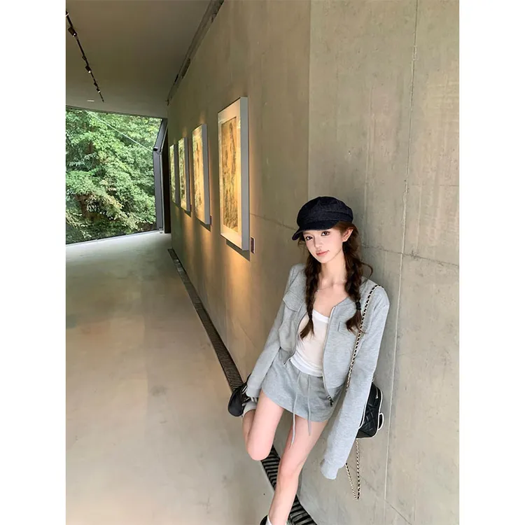 复古灰色双拉链长袖卫衣外套女秋季休闲套装辣妹包臀半身裙两件套