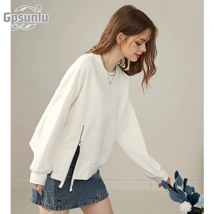 gpsunlu白色圆领卫衣女秋季新款美式短款小个子上衣外套慵懒风