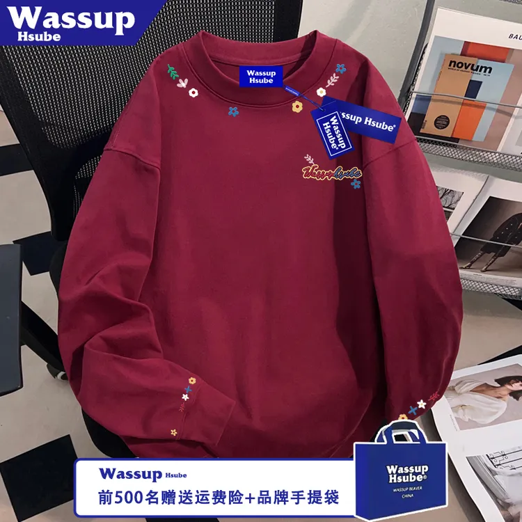 WASSUP HSUBE秋冬100%纯棉上衣国潮流行花卉印花T恤ins男女款长袖