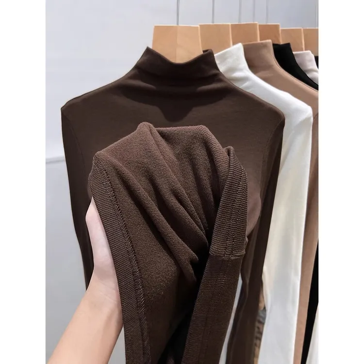【品牌撤柜】清仓螺纹半高领打底衫女2025秋冬新款磨毛薄绒长袖内