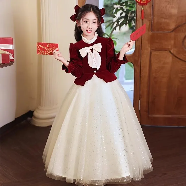 高端儿童礼服红色长袖法式秋冬女童生日公主裙女童钢琴走秀演出服