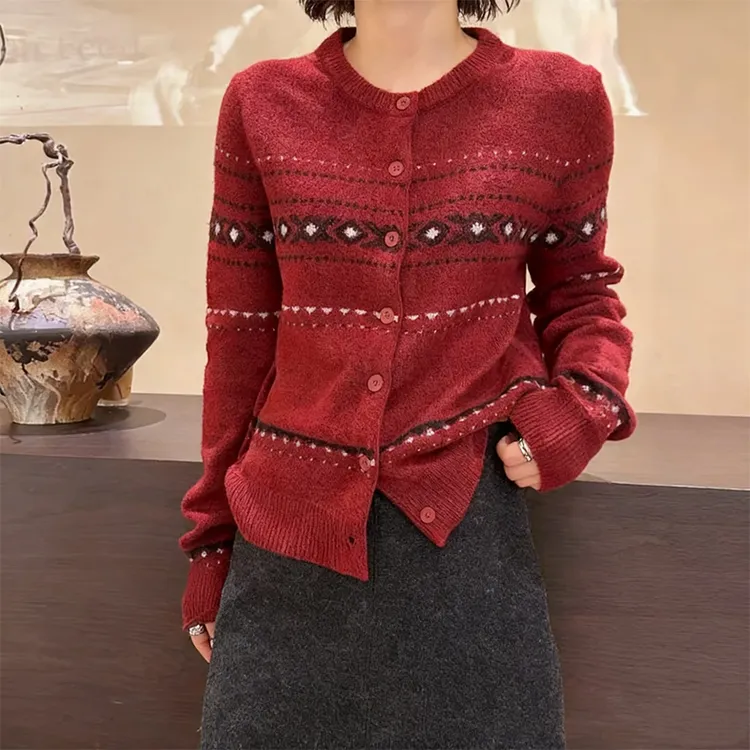 韩系复合撞色长袖针织衫女秋冬季高级感气质休闲百搭纽扣开衫外套