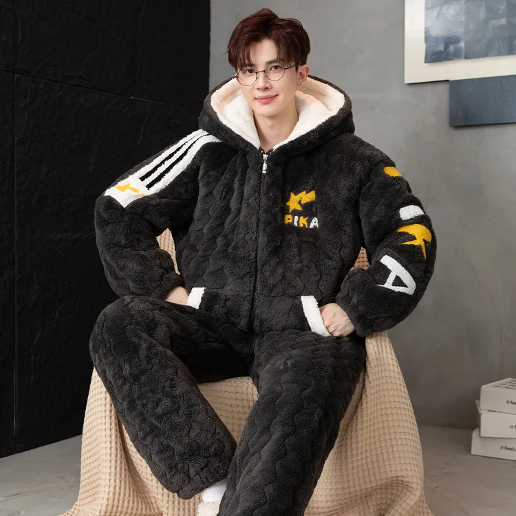 男士睡衣冬季2025年新款珊瑚绒三层夹棉法兰绒大码保暖家居服套装