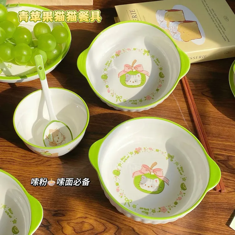 青苹果猫猫双耳家用陶瓷套装餐具一人食宿舍可爱高颜值汤面碗嗦粉