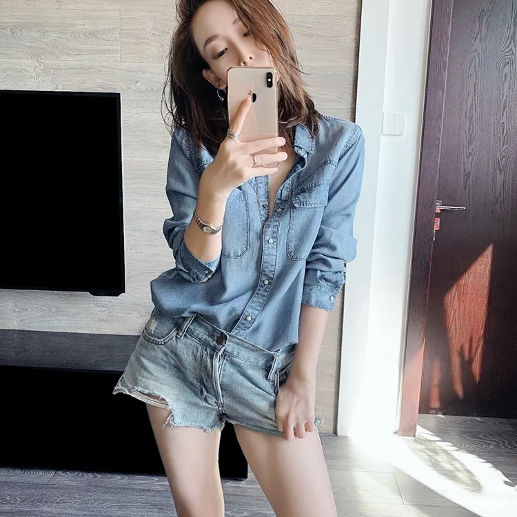 设计感不对称垂感柔软天丝牛仔衬衣女春秋款长袖百搭显瘦牛仔衬衫