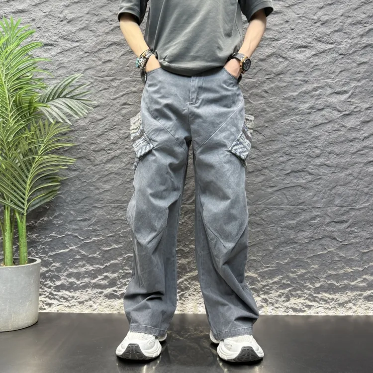 拼布斜口袋直筒宽松纯色拼接工装长裤2025新款男士百搭阔脚休闲裤