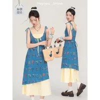 【蓝调梦境】韩系复古气质显瘦重工花朵刺绣假两件吊带连衣裙5c1535