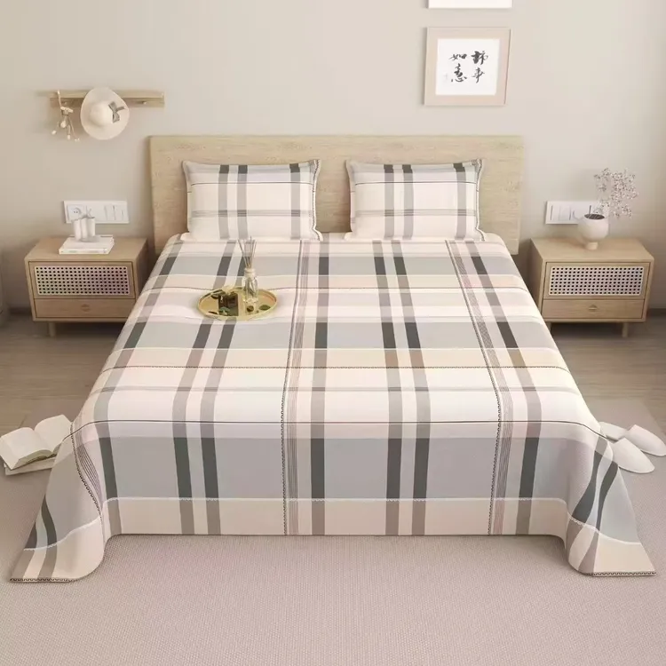 山东老粗布床单枕套双人床被单加厚三件套2025新款印花床罩格子