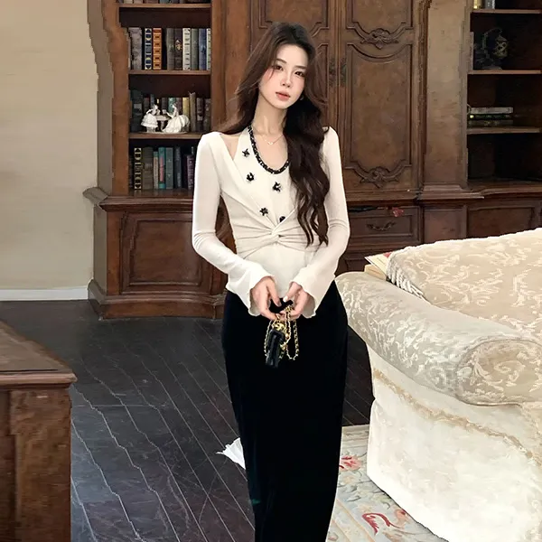 【现货】长袖针织衫假两件露肩上衣女秋季新款丝绒阔腿裤时尚套装女
