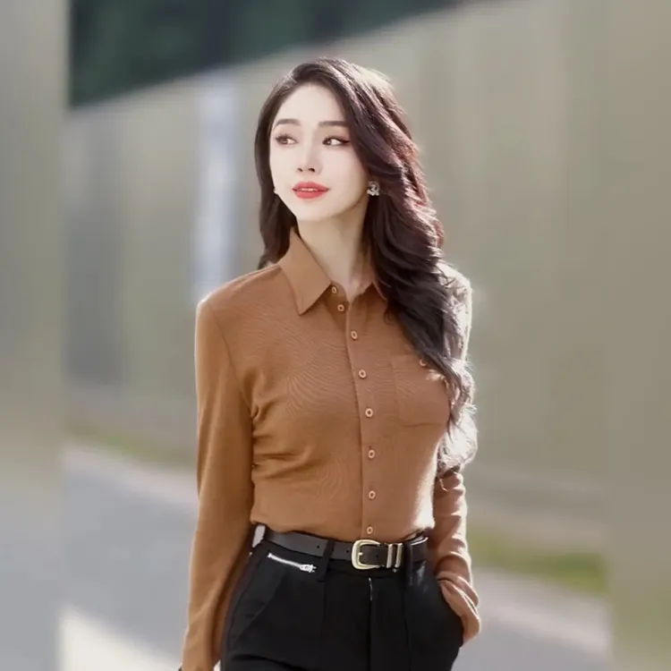 哥弟秋冬新款长袖通勤翻领衬衣绵羊毛修身纯色衬衫1300820