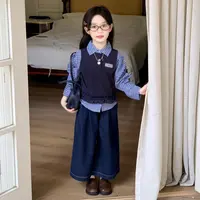 2025韩版女童秋季新款女孩上衣百搭衬衣假两件 洋气猫咪牛仔裤