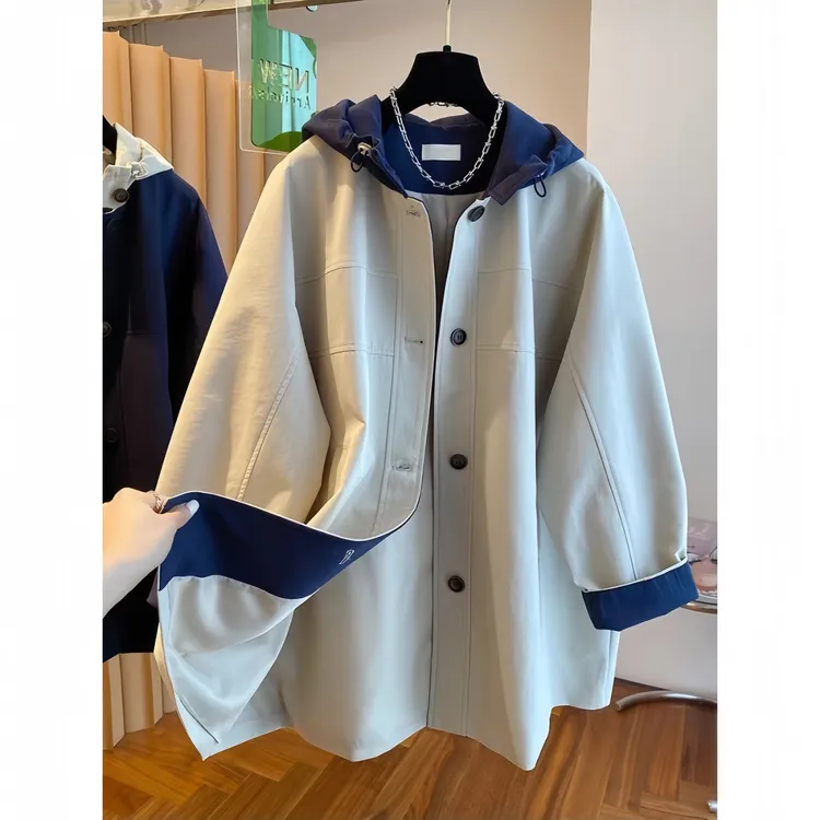 300斤春秋新款宽松冲锋衣外套女中长款撞色大码胖mm英伦风风衣