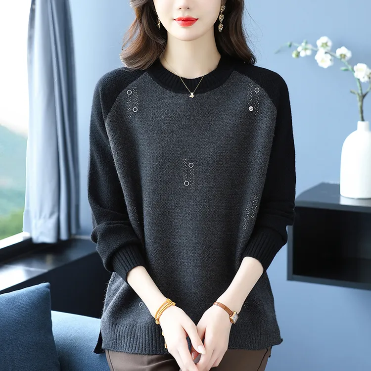 羊毛衫女秋冬加厚保暖圆领针织打底衫胖妈妈宽松大码遮肚时尚毛衣