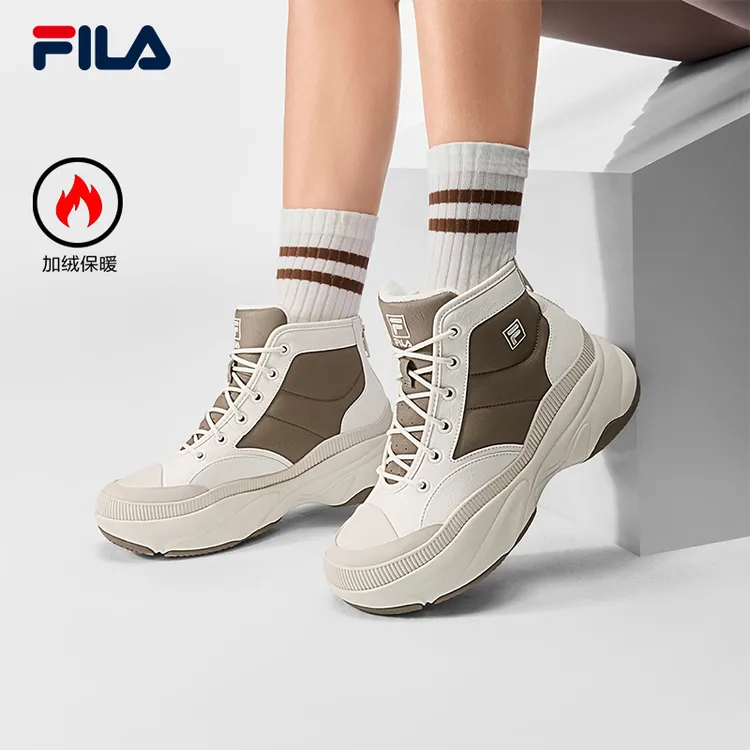 FILA 斐乐官方女鞋BREAD MID摩登运动鞋2025冬新款中帮加绒厚底靴